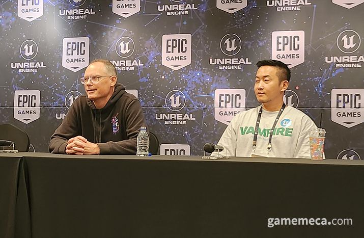 ▲ 기자간담회에 참여한 팀 스위니 에픽게임즈 대표와 박성철 에픽게임즈 코리아 대표 (사진: 게임메카 촬영)