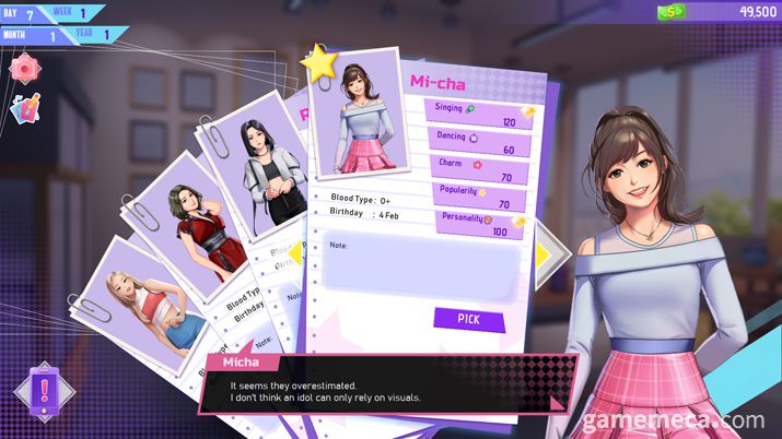 ▲ 멤버 물색, 일정 게획, 트레이닝 등을 토대로 아이돌 그룹을 육성하는 과정을 다룬다 (사진출처: 스팀 공식 페이지)