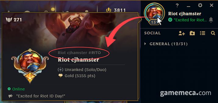 ▲ 유저 개인의 라이엇 ID는 롤 클라이언트에서도 확인할 수 있다 (사진출처: 라이엇게임즈 공식 홈페이지)