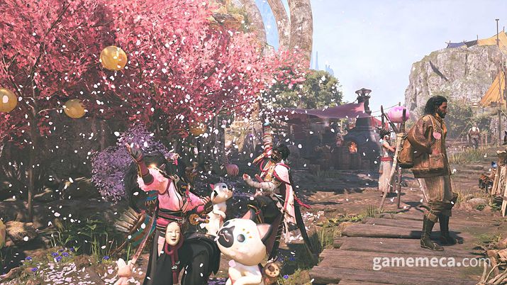 ▲ 분홍색 벚꽃이 가득한 대집회소 (사진출처: 몬스터 헌터 와일즈 공식 홈페이지)