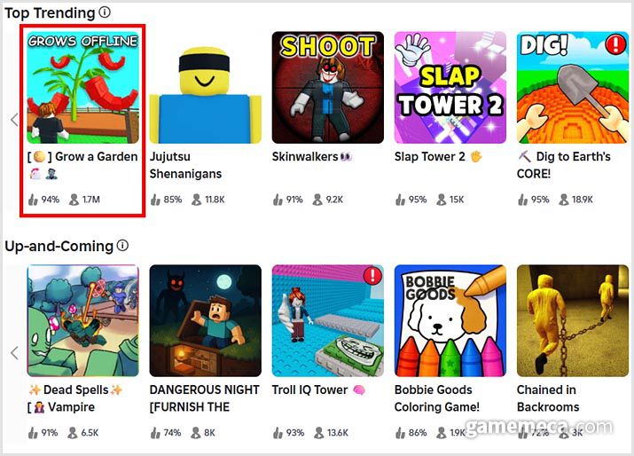 ▲ 인기 순위 1위를 유지 중인 그로우 어 가든 (사진출처: 로블록스 공식 홈페이지 갈무리)