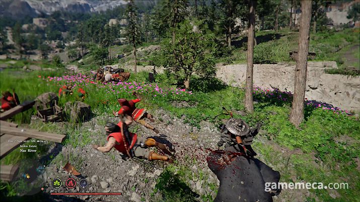 ▲ 거대한 곰에 탑승해 돌진하여 무리지어 쉬고 있는 적을 쓰러뜨리는 장면이나 (사진출처: 붉은사막 트레일러 갈무리)