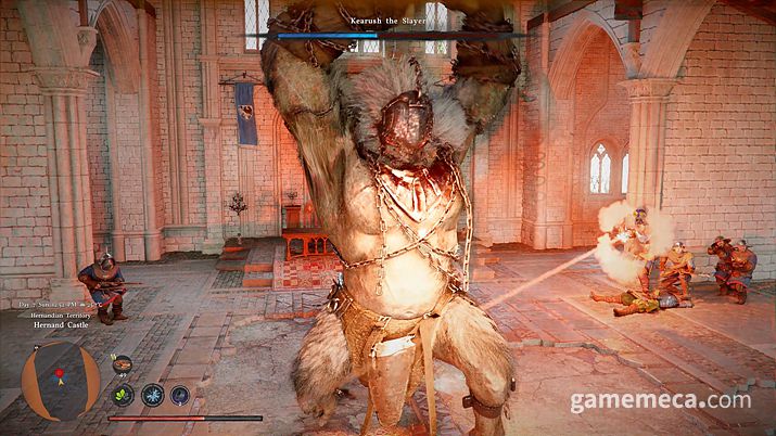 ▲ 대형 일 대 일 보스를 제압하기 위해 주변 NPC들이 공격을 지원하는 등의 모습도 확인됐다 (사진출처: 붉은사막 트레일러 갈무리)