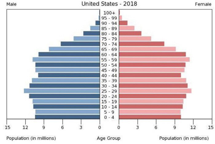 급속히 늙어가고 있는 한국과 달리 미국은 청장년층이 여전히 인구의 중심을 잡고 있는 항아리형 구조를 유지하고 있다. 이번 대선에서 20대 청년들의 투표 참여율이 높아질 경우 트럼프 대통령의 대선가도에 부정적 영향이 예상된다. [자료 = 미 인구조사국]