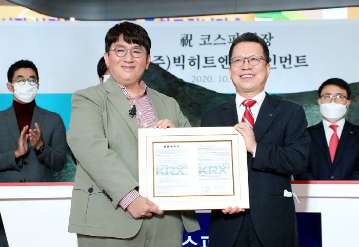 한국거래소는 15일 오전 8시50분부터 서울 여의도 신관로비에서 빅히트엔터테인먼트의 유가증권시장 신규상장 기념식을 개최했다. 상장기념패 전달 후 방시혁 빅히트엔터테인먼트 의장(왼쪽), 정지원 한국거래소 이사장(오른쪽)이 기념촬영을 하고 있다. [사진제공 = 빅히트엔터테인먼트]