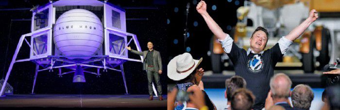 지난 해 5월 자신이 세운 민간 우주 탐사업체 '블루오리진'의 달 착륙선 '블루문'을 공개하는 베이조스(왼쪽)와 지난 5월 30일 미국 나사(NASA) 케네디 우주센터에서 자신이 세운 스페이스X 의 유인 우주선 발사 성공소식을 들으며 만세하고 있는 머스크(오른쪽)./출처=블루오리진·로이터