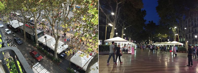 람블라스 거리를 위에서 내려다 본 모습(왼쪽). 보행자 거리를 중심으로 차로가 바깥쪽에 있다. 오른쪽은 거리의 야경이다. /사진=송경은 기자