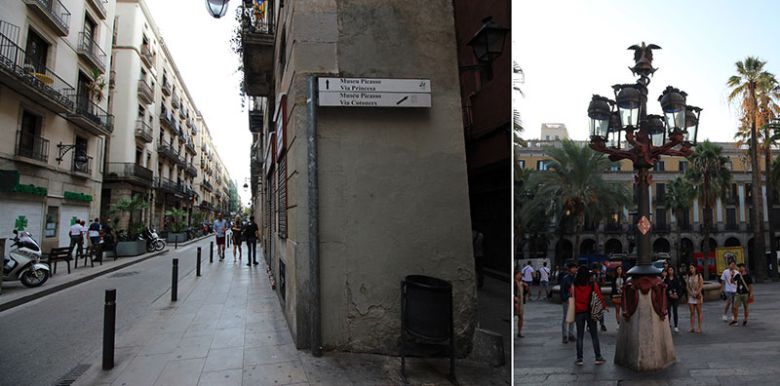 람블라스 거리 동쪽의 피카소 미술관으로 향하는 구시가지 고딕 지구 골목길(왼쪽). 오른쪽은 레이알 광장의 안토니 가우디가 디자인한 가로등이다. /사진=송경은 기자