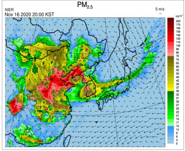 16일 오후 8시 한반도 초미세먼지 대기질 예측 모델[자료 출처 = 국립환경과학원]