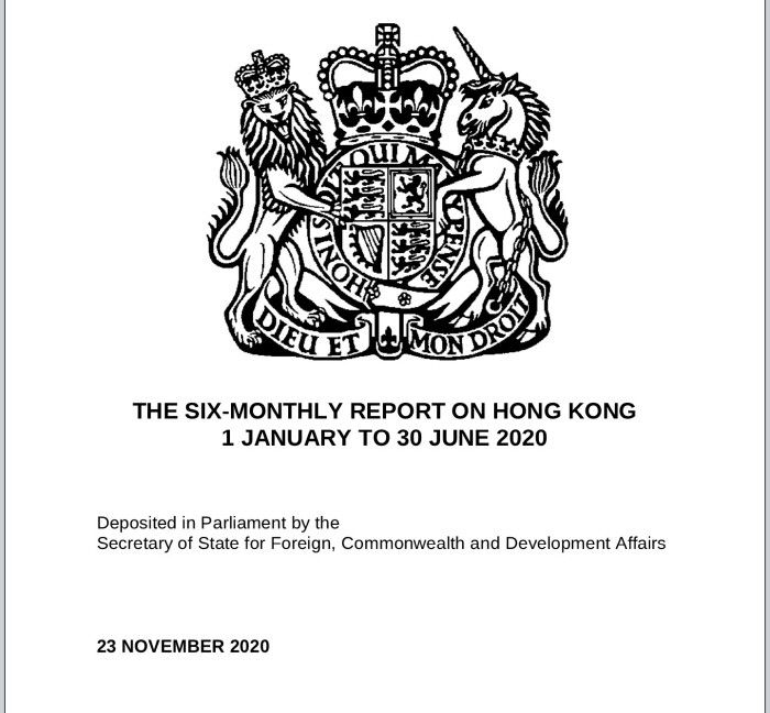 지난 23일 공개된 영국의 홍콩 국가보안법 사태 등 6개월 평가 보고서. 매일경제가 입수한 이 자료 9페이지 등에서 영국 정부는 홍콩 국가보안법이 고도의 자치 시스템을 추구해온 홍콩의 가치를 심각하게 훼손했다고 비판했다. 이 보고서가 나오자 중국 외교부는 즉각 발끈하며 양국 간 유효하게 적용되온 비자를 무효화할 수 있다고 경고하고 나섰다. [사진 = 영국 녹색당]