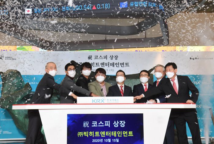빅히트엔터테인먼트 코스피 상장기념식

    (서울=연합뉴스) 그룹 방탄소년단(BTS)의 소속사 빅히트엔터테인먼트가 코스피에 상장한 첫날인 15일 서울 여의도 한국거래소에서 빅히트의 상장기념식이 열리고 있다.

    사진 왼쪽부터 박태진 제이피모간 서울지점 대표이사, 박지원 빅히트 엔터테인먼트 HQ CEO, 윤석준 빅히트 엔터테인먼트 Global CEO, 방시혁 빅히트엔터테인먼트 의장, 정지원 한국거래소 이사장, 임재준 한국거래소 유가증권시장본부장, 정영채 NH투자증권 대표이사, 라성채 한국거래소 유가증권시장본부장보. 2020.10.15 [사진공�