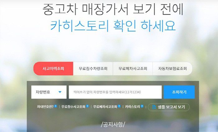 보험개발원 카히스토리 사이트에서는 보험 처리된 침수차를 파악할 수 있다. [사진 출처 = 보험개발원]