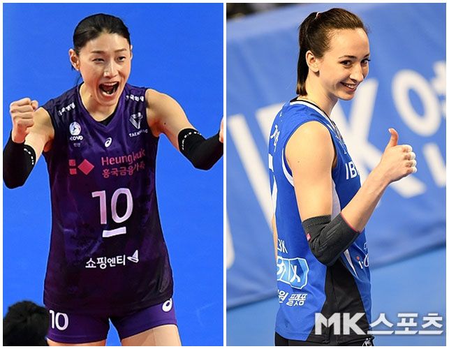 여자 프로배구 흥국생명의 김연경(왼쪽)과 IBK기업은행의 라자레바. 사진=MK스포츠 DB