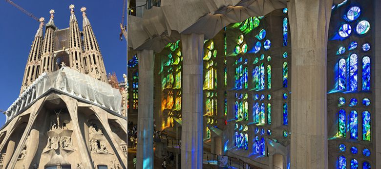 사그라다 파밀리아 수난의 파사드 전경(왼쪽). 오른쪽은 성당 내부의 스테인드 글라스 모습이다. /사진=송경은 기자·사그라다 파밀리아