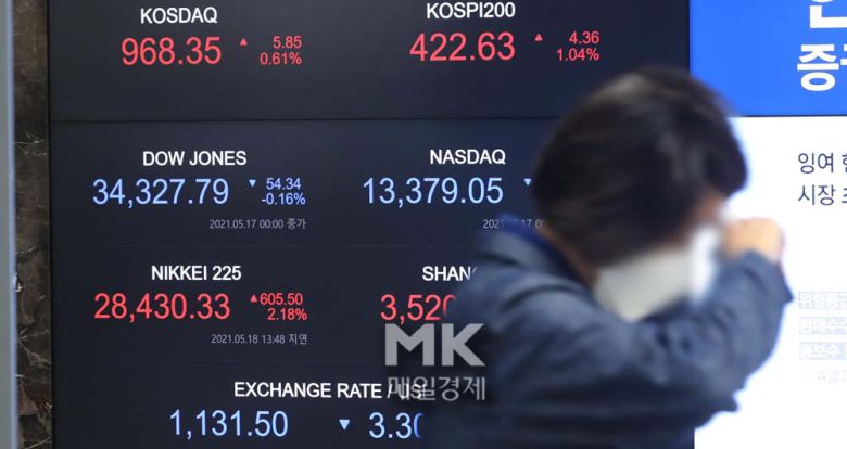 18일 여의도의 한 증권사 로비 전광판에 주식 시세가  안내되고 있다. 2021.05.18 [이승환기자]