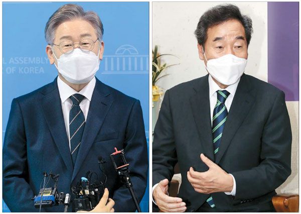 이재명 경기도지사(왼쪽)가 3일 오후 국회에서 기자들의 질문에 답변하고 있다. 이낙연 전 민주당 대표(오른쪽)가 3일 오전 서울 종로구 한국기독교교회협의회를 방문해 관계자와 대화하고 있다.  [이승환 기자]