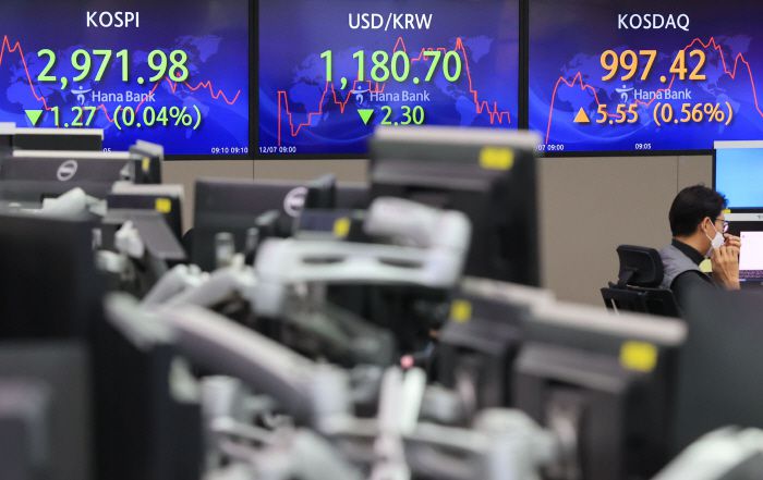 코스피가 7일 장 초반 약보합세를 나타냈다. 이날 오전 서울 중구 하나은행 본점 딜링룸에서 직원이 업무를 보고 있다. [사진 출처 = 연합뉴스]