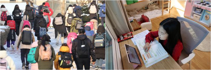 수도권 모든 학교가 전면등교를 중단하고 등교수업과 원격수업을 병행하기 시작한 20일 오전 서울 한 초등학교에서 학생들이 등교하고 있다(왼쪽 사진). 같은 날 서울 서대문구 한 초등학교 3학년 학생이 집에서 원격수업을 받고 있다.[사진 출처 = 연합뉴스]
