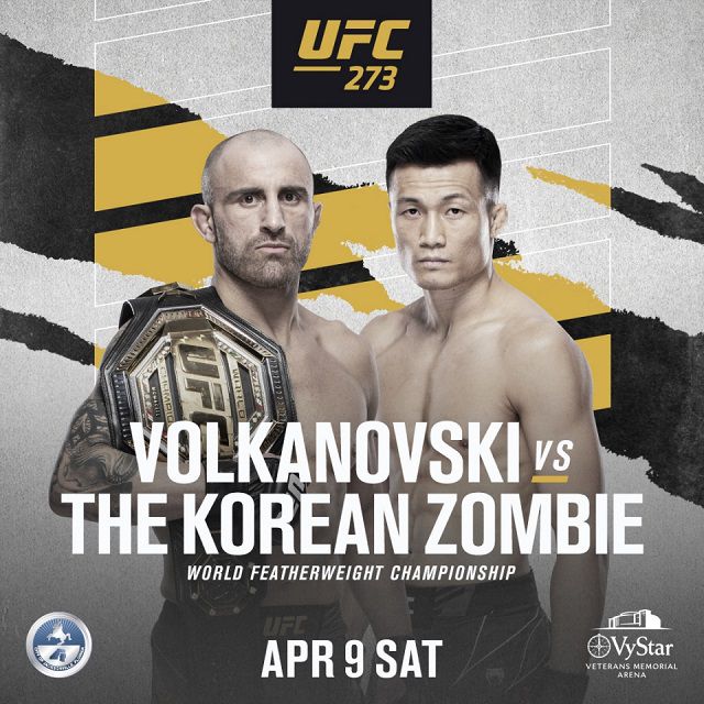 페더급 챔피언 알렉산더 볼카노프스키(왼쪽), 도전자 정찬성. 사진=UFC273 공식 포스터