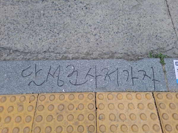 대구 달성군의 한 횡단보도에 `달성군 사저 가자`라고 적힌 낙서. [사진 출처 = 연합뉴스]