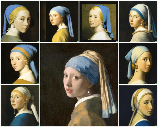 인공지능 화가 `달리2(DALL-E 2)`가 그린 페르메이르의 `진주 귀걸이를 한 소녀`의 모작. 가운데는 원본.