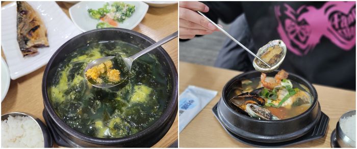 좌측부터 용두암 해촌 성게 미역국, 전복 해물 뚝배기 / 사진 = 정윤지 여행+ 기자