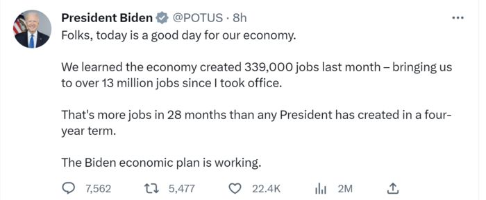 올해 5월 고용 증가를 자신의 치적으로 내세운 조 바이든(민주당) 미국 대통령 트위터
