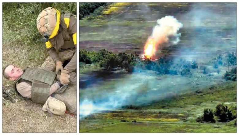 러軍 생포한 민병대…공격당하는 러 탱크 러시아가 점령한 도네츠크 등 5개 지역에서 우크라이나가 4일(현지시간) 대규모 공세에 나선 것으로 알려진 가운데 러시아 전차가 공격당하고 있는 모습(오른쪽 사진). 왼쪽 사진은 이날 러시아 서남부 벨고로트 지역에서 '반(反)푸틴' 러시아 민병대인 러시아의용군단(RVC) 소속 인원이 러시아군을 생포하고 있는 모습.  트위터 캡처