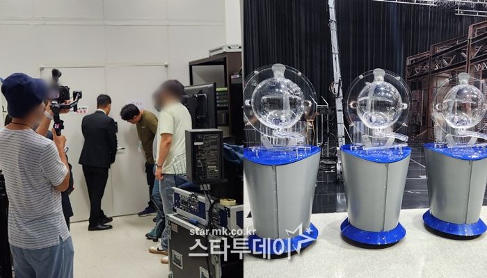 추첨장비가 담긴 창고를 여는 동행복권 직원과 MBC 관계자(왼쪽), 추첨기기 비너스. 사진| 김소연 기자
