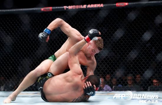 뒤 플레시스의 강펀치는 분명 아데산야도 경계해야 한다. 엉성한 스텝에서 나오는 변칙적인 펀치는 무게가 남다르다. 사진(라스베거스 미국)=AFPBBNews=News1