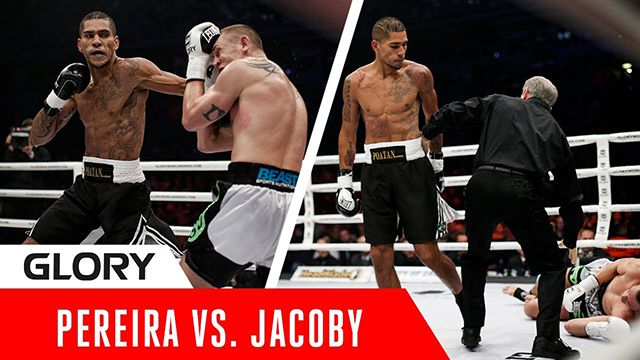 알렉스 페레이라가 글로리 -85㎏ 타이틀 도전자 토너먼트 준결승에서 더스틴 저코비를 KO 시킨 후 내려다보고 있다. 사진=GSUKCO LIMITED
