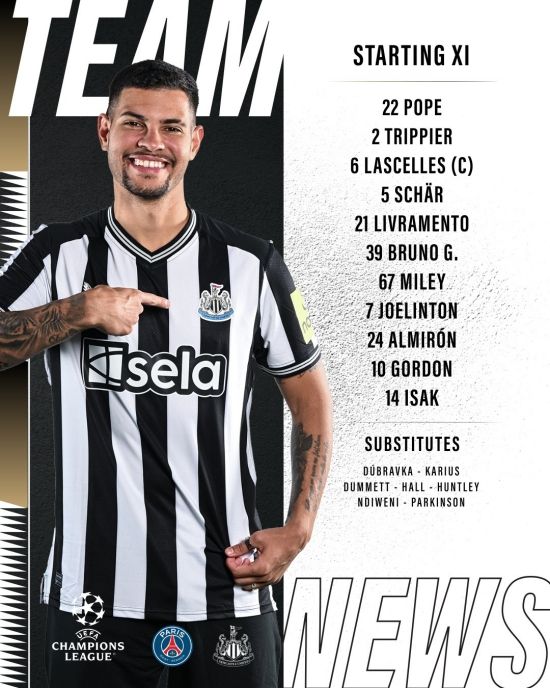 뉴캐슬은 골키퍼 포프를 시작으로 트리피어-샤르-라셀레스-조엘링톤-고든-이삭-리브라멘토-알미론-기마랑이스-마일리가 선발로 출전한다. 사진=뉴캐슬 SNS