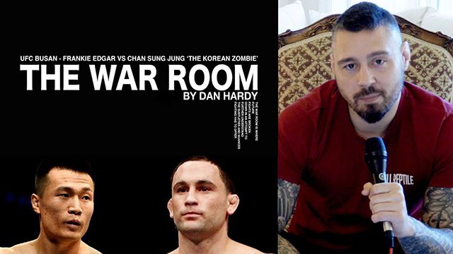 댄 하디(오른쪽)가 정찬성(왼쪽)이 출전하는 2019년 UFC 부산대회 메인이벤트 4일 전 올린 프리뷰 영상 섬네일. 당시 하디는 영어 생중계 아나운서 및 현장 인터뷰를 담당했다.