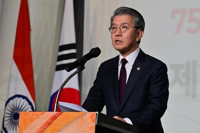 26일 서울 여의도 새빛섬 컨벤션 센터에서 열린 제 75회 인도 공화국의날 기념식에 참석해 발언하는 김홍균 외교부 제1차관. [사진제공=주한 인도대사관]