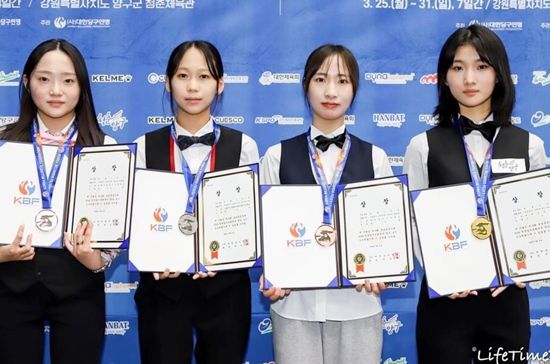 고등부 여3쿠션 입상자. (왼쪽부터) 공동3위 임도희, 2위 채승은, 공동3위 안수현, 우승 신수빈. (사진=대한당구연맹)