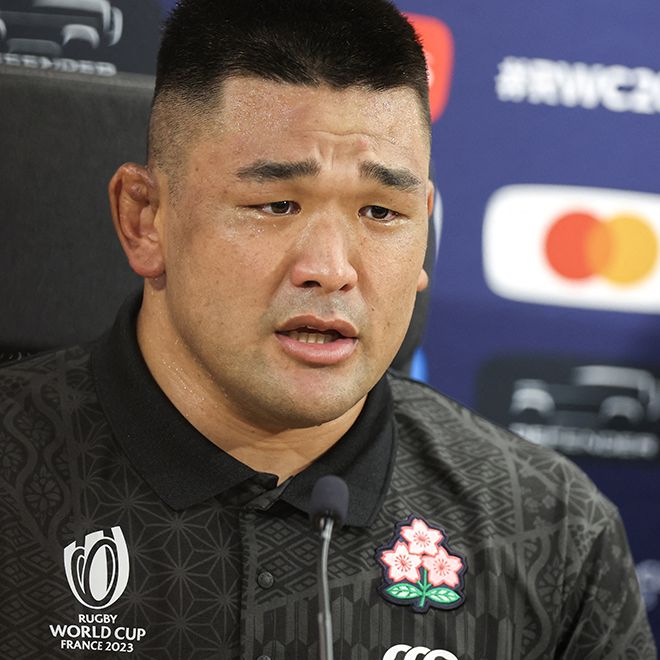 2019년 12월 일본으로 귀화한 구지원이 2023년 9월 선수단 대표로 제10회 럭비월드컵 기자회견에 참석하여 발언하고 있다. 사진=AFP=연합뉴스 제공