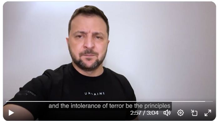 볼로디미르 젤렌스키 우크라이나 대통령이 자신의 X(트위터)를 통해 팔레스타인 무장정파 하마스의 이스라엘 기습을 규탄하고 있다. 젤렌스키 대통령 X 캡처