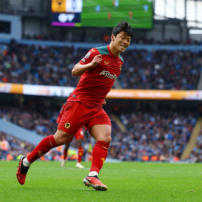 황희찬이 2023-24 EPL 울버햄프턴 원더러스 원정경기 맨체스터 시티 골문에 득점한 후 기뻐하고 있다. 사진=REUTERS=연합뉴스 제공