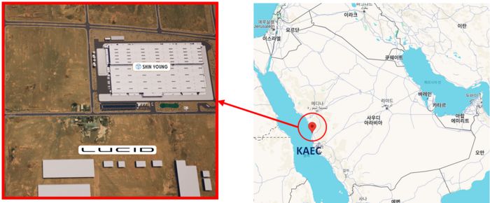 사우디 킹압둘라경제도시에 들어설 신영 현지 공장 조감도. 바로 옆에는 사우디 국부펀드가 최대주주로 있는 미국 전기차 제조사 루시드 공장이 위치해 있다.