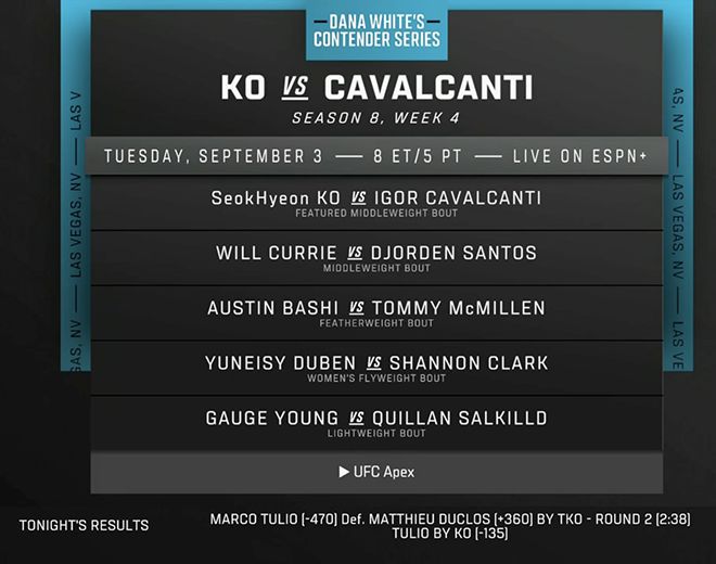 고석현이 UFC 데이나 화이트 회장이 직접 주최하는 유망주 선발전 Contender Series 시즌8 4주차 메인이벤트를 장식한다. 사진=ESPN+ 화면