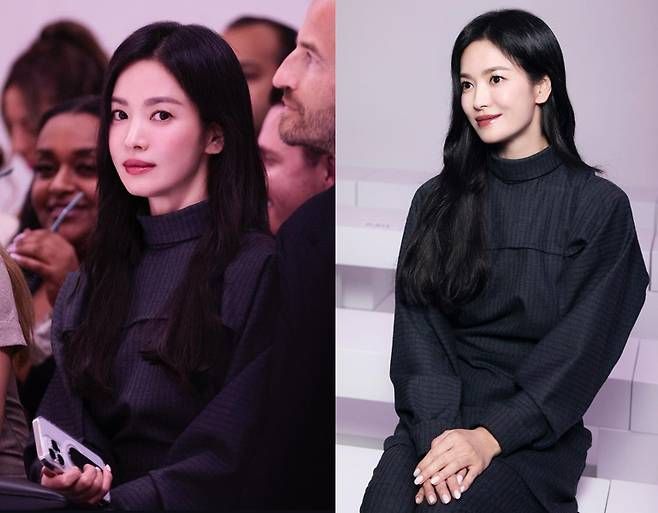 송혜교가 세련된 스트라이프 셋업룩을 선보였다.사진=송혜교 sns
