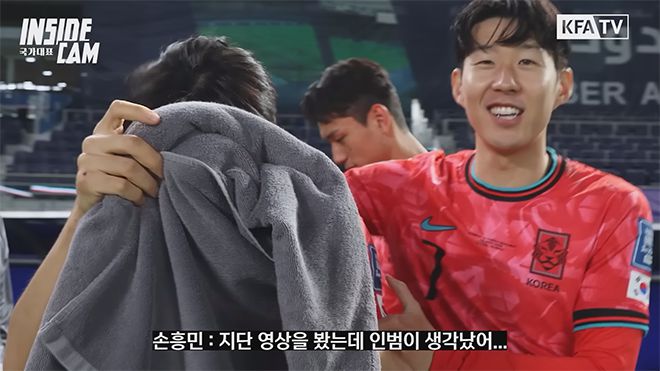국가대표팀 주장 손흥민(오른쪽)이 지네딘 지단을 언급하며 후배 황인범을 칭찬하고 있다. 사진=대한축구협회 영상 화면