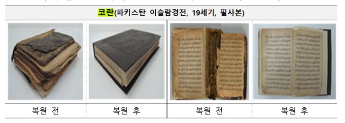 파키스탄 고고학박물관국이 소장하고 있었던 코란은 약 180페이지 가량으로 19세기 필사본으로 추정되는데, 국가기록원이 올해 초부터 8개월간 공을 들여 복원처리를 마무리했다. 국가기록원