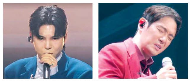 MBN '현역가왕2'에 참가한 소리꾼 김준수(왼쪽)와 가수 환희가 열창하는 모습.  MBN