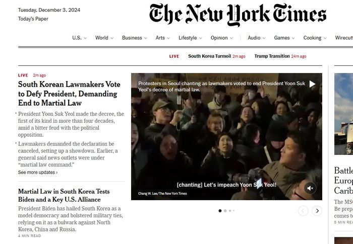 4일 새벽 뉴욕타임스(NYT) 홈페이지가 톱뉴스로 한국 국회가 ‘비상계엄 해제 요구 결의안’을 가결했다고 전했다. 톱기사 제목은 “한국 국회의원, 대통령에 저항하며 계엄 해제 요구”라는 내용이다. 2024.12.4  [사진 = NYT 홈페이지 캡처]