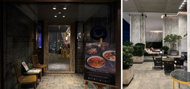 니미티르 레스토랑(왼쪽)과 같은 층에 위치한 수영장 선베드 공간 / 사진=홍지연 여행+ 기자