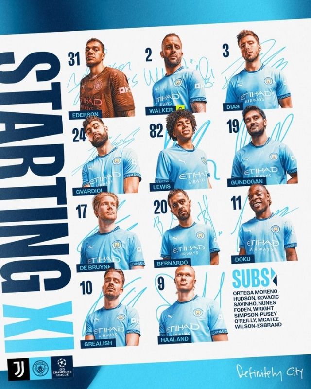 맨시티는 골키퍼 에데르송을 시작으로 워커-디아스-그바르디올-루이스-귄도안-더브라위너-베르나르두-도쿠-그릴리시-홀란드가 선발 출전한다. 사진=맨체스터 시티 SNS