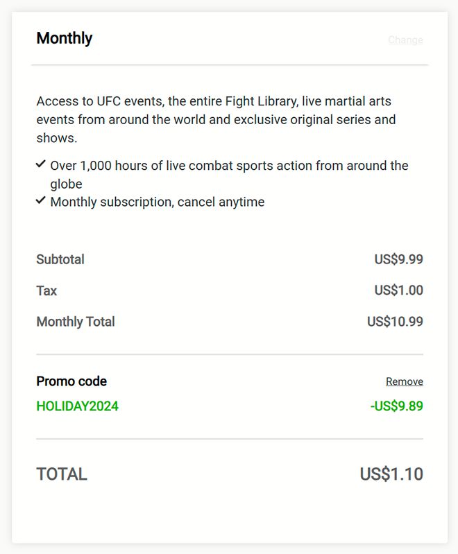 UFC 파이트 패스는 ZFN 2 개막을 앞두고 가입을 원하는 접속자에게 월간 이용권 90% 할인 혜택을 준다. 1.10달러(약 1580원)를 결제하면 1달 동안 구독할 수 있다. 사진=UFC Fight Pass 화면