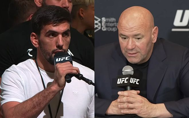 도롭쇼흐 나보토프(왼쪽)가 UFC 308 기자회견에서 데이나 화이트 회장한테 기회를 요청하고 있다. 사진=TKO