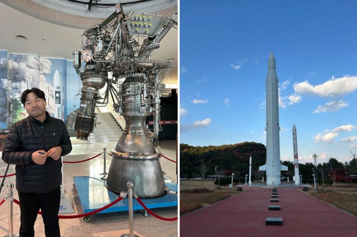 로켓에 대해 설명 중인 김훈 과장(왼쪽), 실물 크기의 나로호 모형(오른쪽) / 사진= 박한나 여행+ 기자